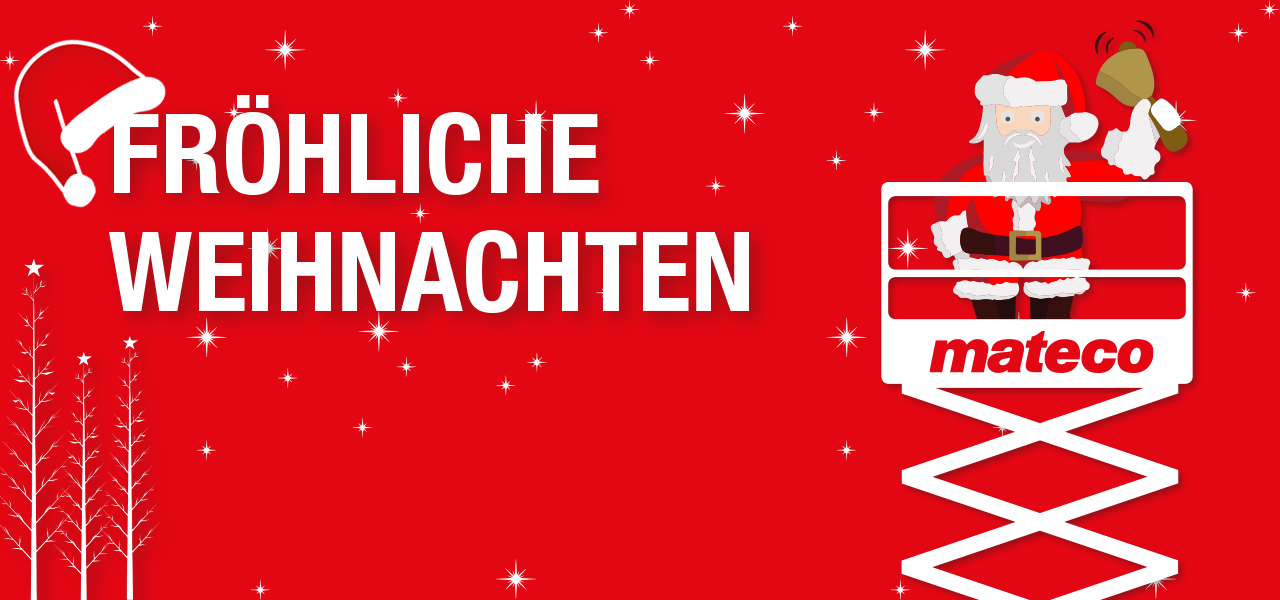 Weihnachtsgruß mit einem Weihnachtsmann auf einer Scherenarbeitsbühne