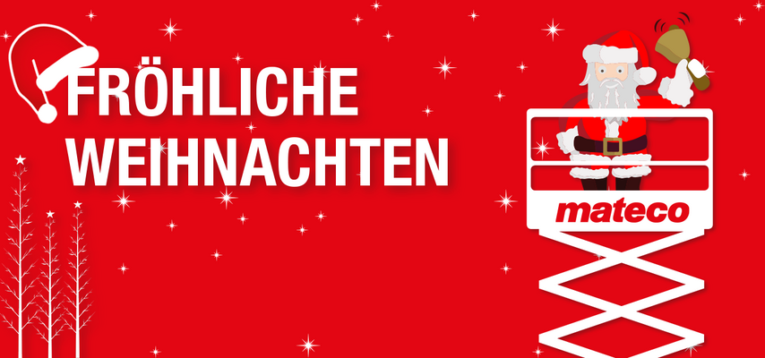 Weihnachtsgruß mit einem Weihnachtsmann auf einer Scherenarbeitsbühne