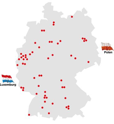 Übersichtskarte mit den Standorten von mateco, markiert mit Standortnadeln