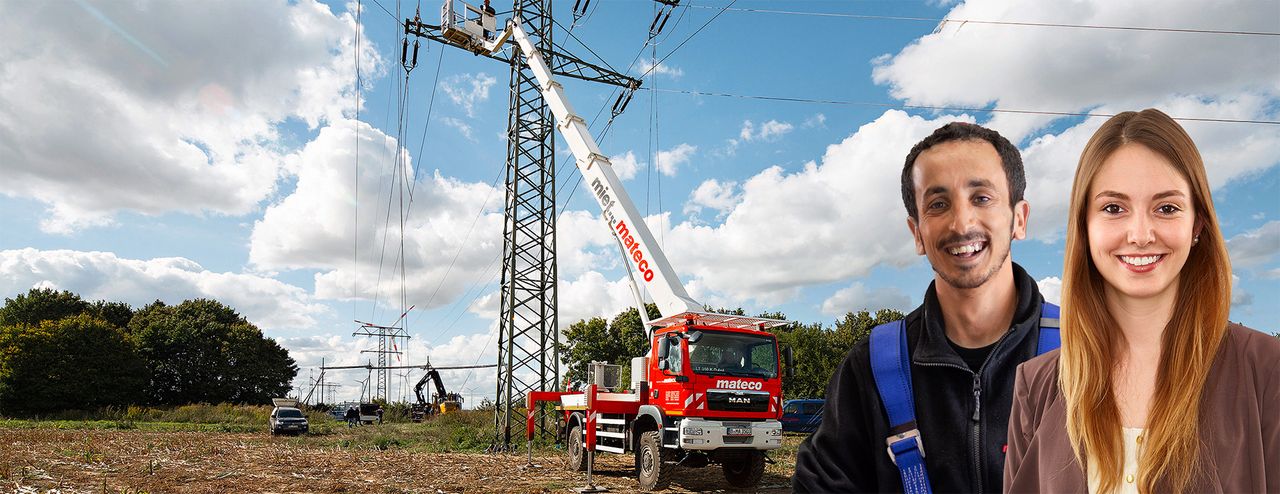 Rote LKW-Arbeitsbühne auf den Feldern. 2 Azubis sind zu sehen